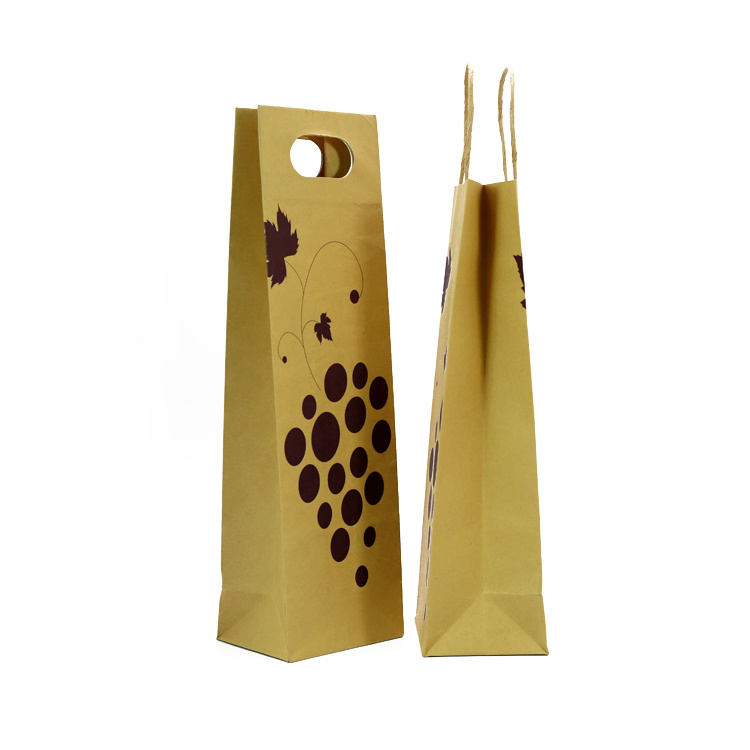 ກະເປົ໋າແບບງ່າຍດາຍ Custom Logo Print Brown Kraft Paper Wine Bag